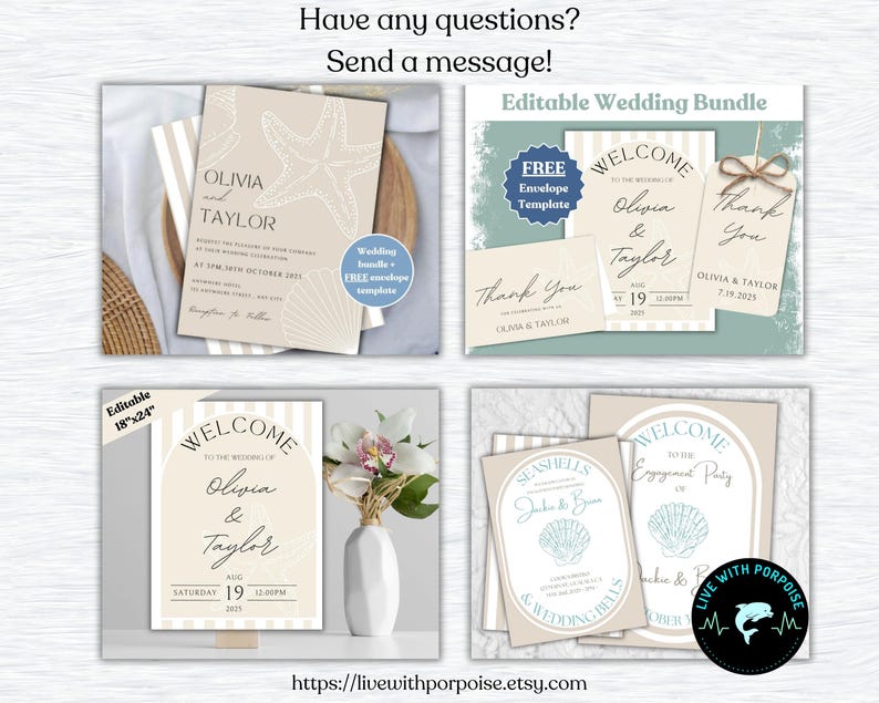 May include: Editable wedding invitation bundle with a beach theme. The bundle includes a welcome sign, thank you card, and save the date card. The cards feature a seashell design and a striped background.
