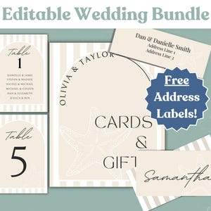 May include: Editable wedding bundle with a beach theme. The bundle includes table numbers, cards, gift tags, and address labels. The design features a starfish and stripes in beige and white.