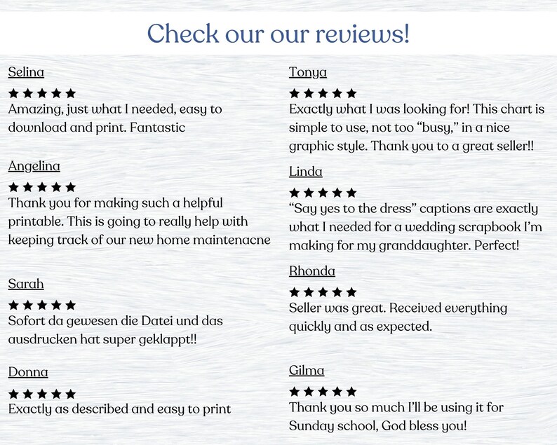 Peut inclure: Une capture d'&eacute;cran d'un site Web affichant des avis clients pour un produit. Les avis sont tous positifs et louent la facilit&eacute; d'utilisation, l'utilit&eacute; et la qualit&eacute; du produit. Les avis proviennent de clients nomm&eacute;s Selina, Angelina, Sarah, Donna, Tonya, Linda, Rhonda et Gilma.