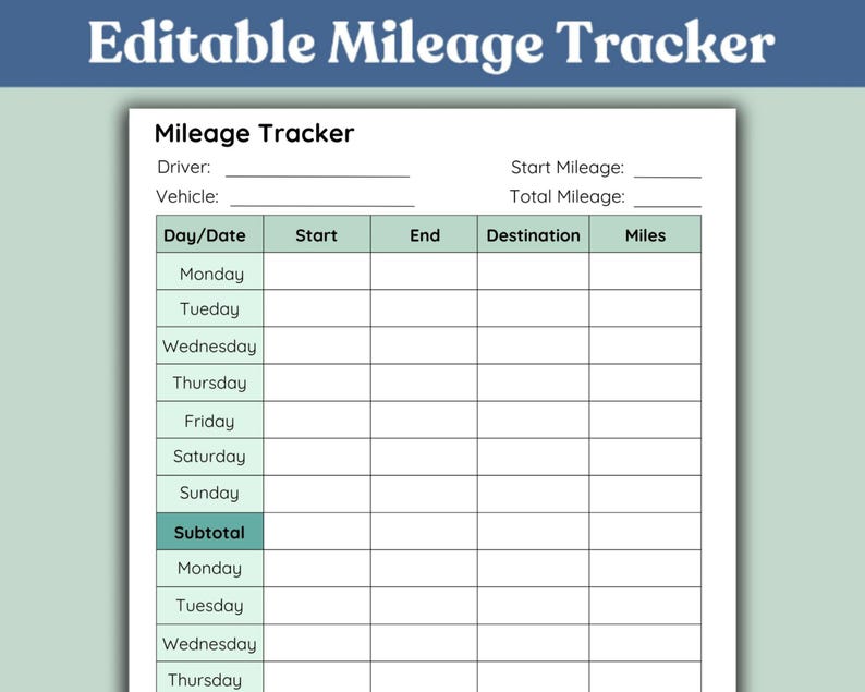 Mileage Log Printable Mileage Tracker Work Trip Mile Log Business Trip ...