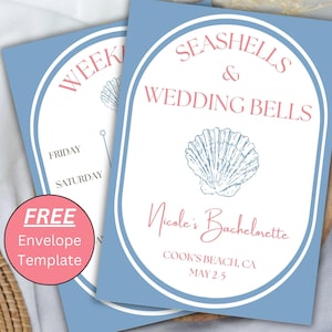 May include: A blue and white wedding invitation with a seashell design. The text reads "Seashells & Wedding Bells" and "Nicole's Bachelorette" with the date and location. A free envelope template is included.