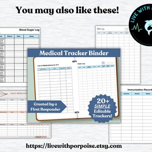 Peut inclure: Un classeur de suivi m&eacute;dical imprimable num&eacute;rique avec plus de 20 suivis simples modifiables. La couverture pr&eacute;sente un fond bleu avec le texte "Medical Tracker Binder" et un logo de dauphin bleu avec le texte "Live with Porpoise". Le classeur comprend des suivis pour la glyc&eacute;mie, les m&eacute;dicaments quotidiens, les signes vitaux, les dossiers de vaccination et une liste de m&eacute;dicaments pour le 911.