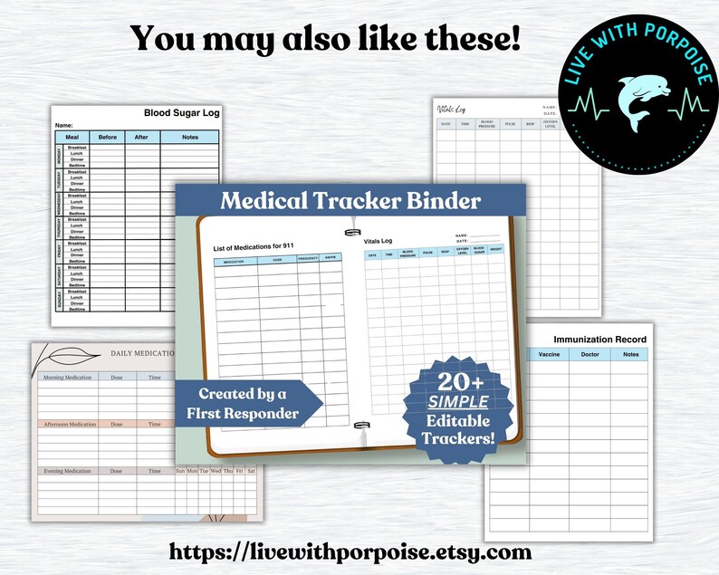 Peut inclure: Un classeur de suivi m&eacute;dical imprimable num&eacute;rique avec plus de 20 suivis simples modifiables. La couverture pr&eacute;sente un fond bleu avec le texte "Medical Tracker Binder" et un logo de dauphin bleu avec le texte "Live with Porpoise". Le classeur comprend des suivis pour la glyc&eacute;mie, les m&eacute;dicaments quotidiens, les signes vitaux, les dossiers de vaccination et une liste de m&eacute;dicaments pour le 911.