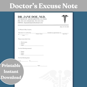 Plantilla de nota de excusa médica para el trabajo Formulario de excusa médica para la escuela Formulario de nota de ausencia para cita médica Nota de enfermedad para la escuela Nota médica para el trabajo