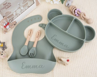 Set de sevrage en silicone personnalisé, bavoir en silicone pour bébé, ensemble repas avec nom, assiette pour bébé, ensemble de sevrage pour bébé, cadeau de baby shower