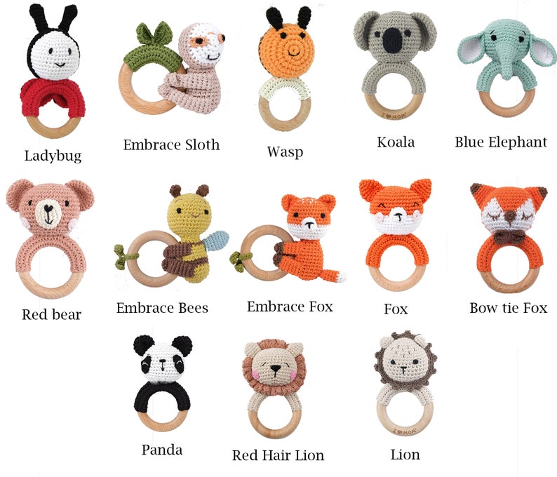 Personalized Animal Crochet Rattle, Custom Wooden Baby Rattle, Engraved Rattle with Name, Rattle Toy Ring, Baby Shower Gift, Newborn Gifts zdjęcie 8