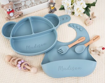 Personalized Silicone Baby Weaning Set, Silicone Bib for Baby Kid, Feeding Set with Name, Baby Plate, Weaning Set for Baby, Baby Shower Gift