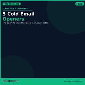 May include: A dark blue graphic with the text "5 Cold Email Openers" in white and green. The text "The opening lines that get 9-14% reply rates" is below the title. The words "FREE DOWNLOAD" and "FREE" are in green boxes.
