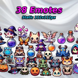 May include: A set of 38 static emotes, each measuring 112x112 pixels. The emotes feature a variety of cute and whimsical characters, including cats, witches, pumpkins, and potions.