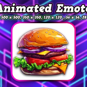 Puede incluir: Emoticono animado de una hamburguesa de dibujos animados con un pan de sésamo, lechuga, tomate, cebolla, queso y una hamburguesa de carne. La hamburguesa está en un marco cuadrado blanco.