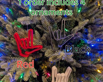 Adornos navideños para árbol de Navidad con la frase “Te quiero” en lengua de señas americana (ASL) – Juego de 4
