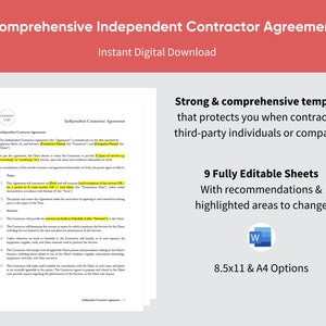 May include: A red and white digital download document template for a comprehensive independent contractor agreement. The document is titled "Comprehensive Independent Contractor Agreement" and includes the text "Instant Digital Download". The document is shown on a white background with a blue and white Microsoft Word icon. The text "Strong & comprehensive template that protects you when contracting third-party individuals or companies" is displayed in black text on a white background. The text "9 Fully Editable Sheets With recommendations & highlighted areas to change" is displayed in black text on a white background. The text "8.5x11 & A4 Options" is displayed in black text on a white background.