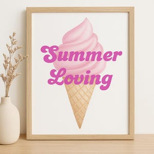Summer Loving Ice Cream Cone Printable Wall Art – Pink Pastel Kitchen Decor PDF Download - Retro Ice Cream Cone Art Print