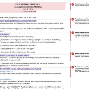 May include: A document outlining a management review meeting agenda with sections for quarterly business performance evaluation, risk mitigation, business development and networking, and quality control. The document includes a list of attendees and a date of July 5, 2023.