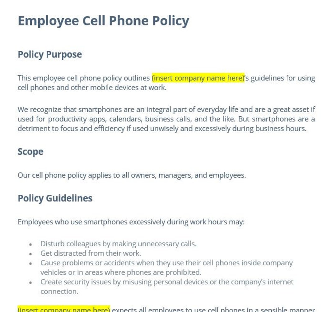 Employee Cell Phone Policy Template Etsy Employee Cell Phone Policy Template Etsy