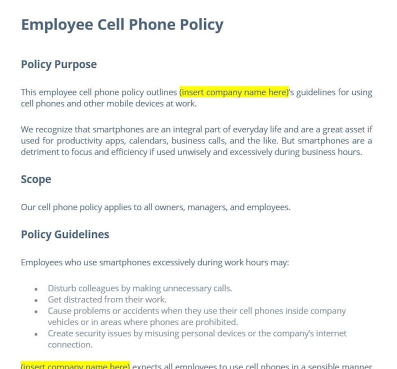 Employee Cell Phone Policy Template Etsy Employee Cell Phone Policy Template Etsy