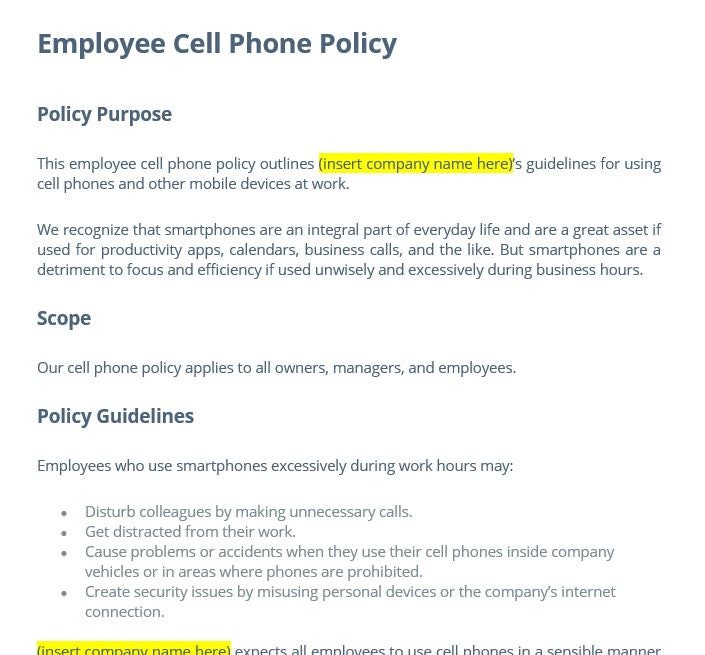Employee Cell Phone Policy Template Etsy Employee Cell Phone Policy Template Etsy
