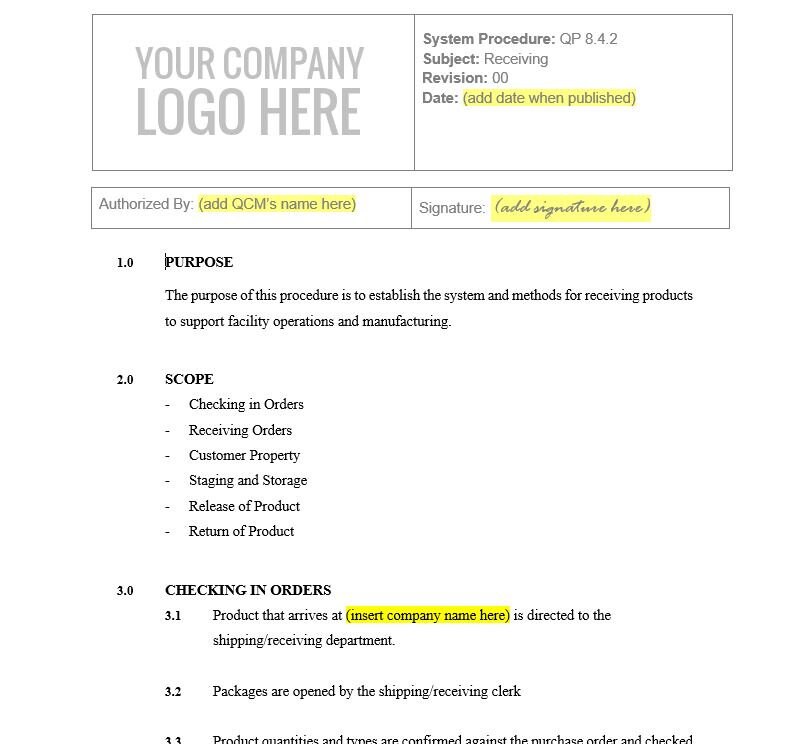 Iso Receiving Form ISO 9001 2015 Receiving Template Procedure - Section 8.4.2 - Etsy
