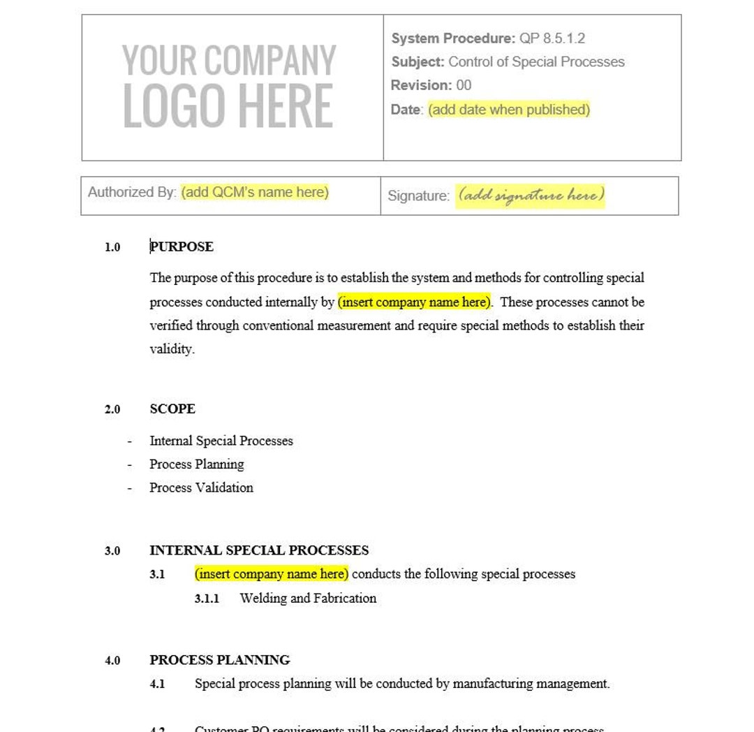 ISO 9001 2015 Special Process Control Template Procedure - Section 8.5 ...
