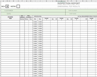 Machined Part Dimensional Inspection Report - Dimension Test Results Log (interactive Excel file)