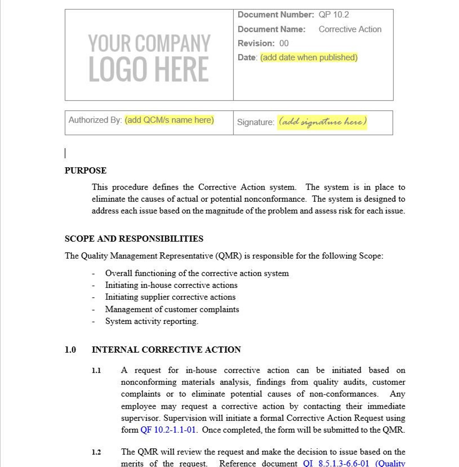 Iso Car Log Example ISO 9001 2015 CORRECTIVE ACTION Template With Log and Procedure ...