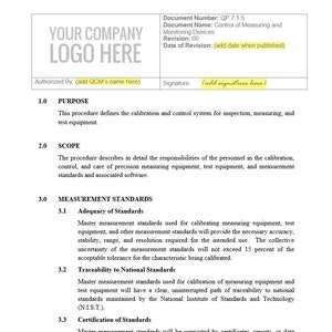 ISO 9001 2015 測定および監視機器の管理テンプレート（ログおよび手順付き）（ゲージ校正記録） - セクション 7.1.5