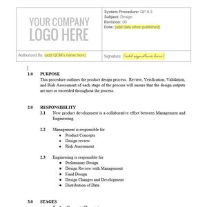 Puede incluir: Un documento en blanco y negro que describe un proceso de diseño de producto. El documento incluye secciones para el propósito, la responsabilidad y las etapas. El documento se titula "Procedimiento del sistema: QP 8.3" y el tema es "Diseño".