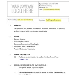 ISO 9001 2015 購入テンプレート（ログと手順付き） - セクション 8.4.1
