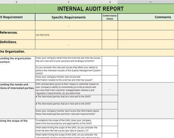 May include: A spreadsheet with a green header that reads "INTERNAL AUDIT REPORT". The spreadsheet is divided into columns with headings such as "ISO 9001:2015 Requirement", "Specific Requirements", "Conformance Status", and "Comments". The spreadsheet contains text related to quality management systems.