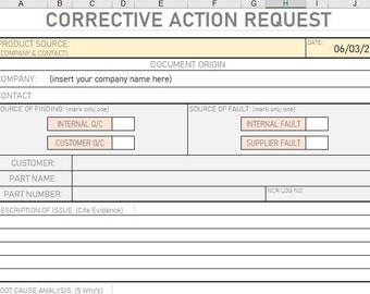 May include: A corrective action request form with fields for product source, company, contact, source of finding, source of fault, customer, part name, part number, description of issue, and root cause analysis. The form is dated 06/03/24.