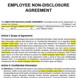 Employee Non-Disclosure Agreement Template - NDA - Confidentiality Agreement