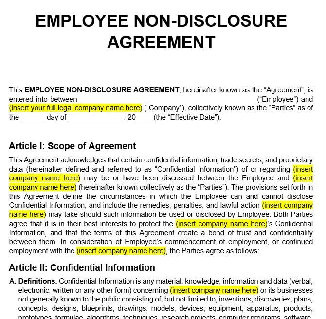 Employee Non disclosure Agreement Template NDA Confidentiality Employee Non disclosure Agreement Template NDA Confidentiality