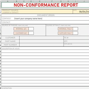 May include: A non-conformance report form with fields for product source, company, contact, source of finding, source of fault, customer, part name, part number, description of issue, PO number, quantity, CCR log number, and disposition. The date is 06/04/24.
