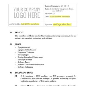 ISO 9001 2015 機器、ツール、ソフトウェア管理テンプレート（ログと手順付き） - セクション 8.5.1.1
