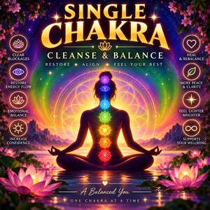 Peut inclure: Un graphique numérique montrant la silhouette d'une personne méditant en position du lotus. Sept symboles de chakra colorés et lumineux sont alignés le long de la colonne vertébrale. Texte : SINGLE CHAKRA CLEANSE & BALANCE, RESTORE, ALIGN, FEEL YOUR BEST, A Balanced You, ONE CHAKRA AT A TIME.