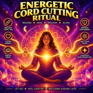 Può includere: Un'illustrazione digitale intitolata ENERGETIC CORD CUTTING RITUAL che mostra una persona in meditazione con abiti viola. Forbici dorate luminose tagliano un raggio di luce sul petto. Il testo include RELEASE, HEAL, RECLAIM, ALIGN e frasi correlate.