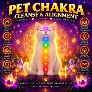 Puede incluir: Un gato blanco sentado en el centro con siete símbolos de chakra brillantes alineados verticalmente en su cuerpo. El fondo presenta luz púrpura y dorada, flores de loto y cristales. El texto incluye PET CHAKRA CLEANSE & ALIGNMENT y varios beneficios como RELEASE STRESS & ANXIETY.