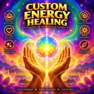 May include: A digital graphic titled CUSTOM ENERGY HEALING TAILORED TO YOUR UNIQUE ENERGY. It features two hands cupping a glowing, multicolored sphere of light. Surrounding the sphere are six circular icons with symbols and text: RELEASE BLOCKAGES, RESTORE BALANCE, RAISE YOUR VIBRATION, CLEAR NEGATIVE ENERGY, RENEW YOUR ENERGY, and SUPPORT YOUR JOURNEY. The background displays a vibrant, rainbow-colored nebula with lotus flowers at the bottom.