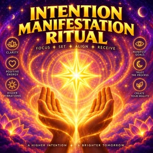 Peut inclure: Un graphique numérique intitulé INTENTION MANIFESTATION RITUAL avec une étoile dorée brillante, deux mains ouvertes et des fleurs de lotus. Le texte inclut FOCUS, SET, ALIGN, RECEIVE, CLARITY, MANIFEST GOALS, POSITIVE ENERGY, TRUST THE PROCESS, HIGHER VIBRATIONS, CREATE YOUR REALITY, A HIGHER INTENTION, A BRIGHTER TOMORROW.