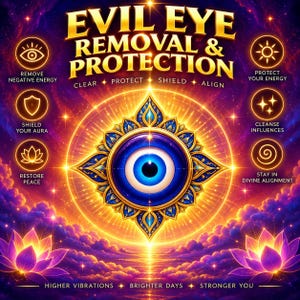 May include: A digital graphic featuring the text EVIL EYE REMOVAL & PROTECTION, CLEAR, PROTECT, SHIELD, ALIGN, HIGHER VIBRATIONS, BRIGHTER DAYS, STRONGER YOU. A central blue eye symbol is surrounded by gold lotus petals, glowing light, and purple clouds.