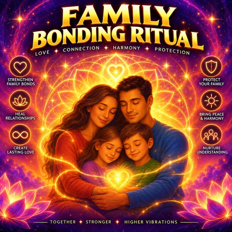 Op de afbeelding: Een digitale illustratie getiteld FAMILY BONDING RITUAL met een gezin van vier dat elkaar omhelst. De achtergrond is een levendige paarse en gouden nevel met gloeiende lotusbloemen en heilige geometrie. Tekst bevat LOVE, CONNECTION, HARMONY, PROTECTION.