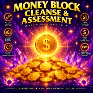 Może przedstawiać: Cyfrowa grafika z napisem MONEY BLOCK CLEANSE & ASSESSMENT przedstawiająca dużą złotą monetę dolarową nad stosem złotych monet, fioletowymi kryształami i kwiatami lotosu. Tło stanowi fioletowa mgławica z tekstem i ikonami.
