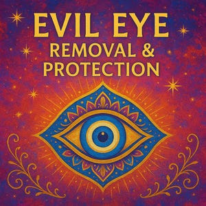 Könnte beinhalten: Ein blaues und goldenes böses Auge Symbol mit einem Sterneneffekt auf einem roten und violetten Hintergrund mit dem Text "EVIL EYE REMOVAL & PROTECTION".