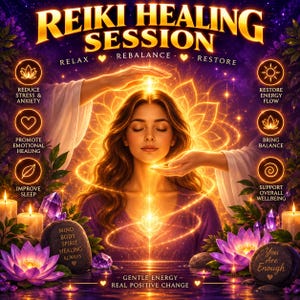 May include: A digital graphic titled REIKI HEALING SESSION featuring a person with closed eyes surrounded by glowing golden light, lotus flowers, and crystals. Text includes RELAX, REBALANCE, RESTORE, and MIND BODY SPIRIT HEALING ALWAYS.