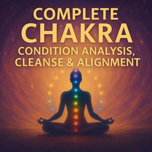 以下が含まれることがあります： 目を閉じて蓮華座に座っている人のシルエット。その人は背骨に沿って7つのチャクラを揃えており、各チャクラは異なる色をしています。背景はオレンジと紫の渦巻き模様です。