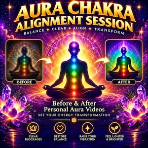 Puede incluir: Un gráfico digital titulado AURA CHAKRA ALIGNMENT SESSION que presenta una silueta central en posición de loto con puntos de chakra brillantes. Incluye comparaciones de aura antes y después, ilustraciones de flores de loto y etiquetas de texto sobre transformación.