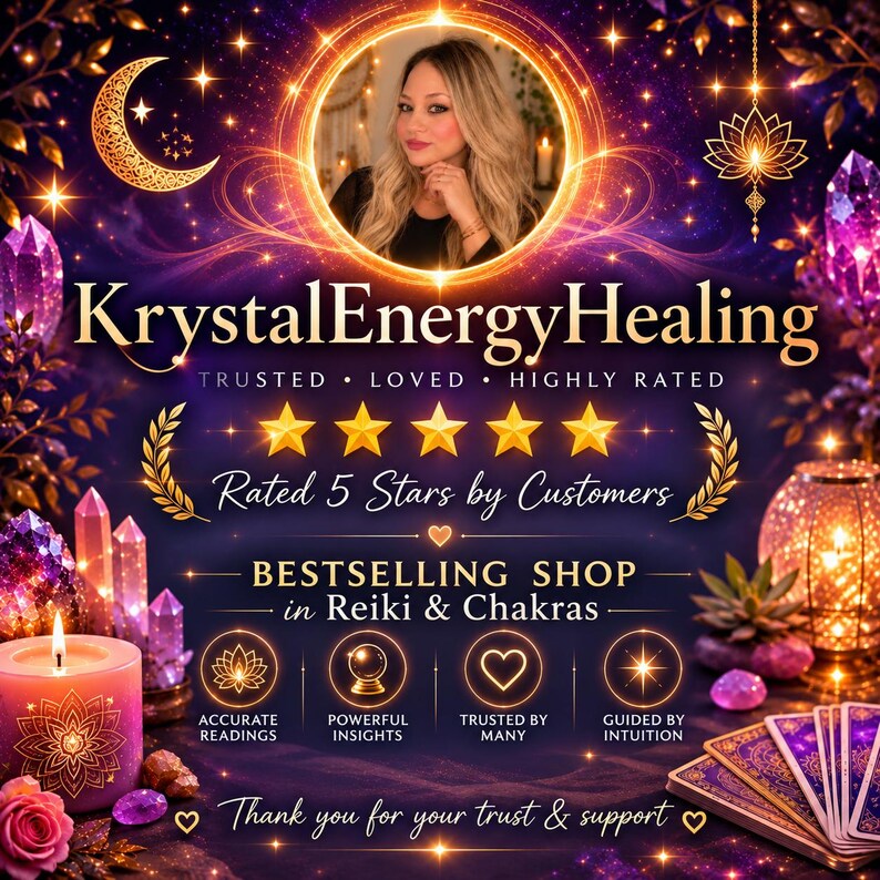 Op de afbeelding: Een digitale afbeelding voor KrystalEnergyHealing met een centraal portret, vijf gouden sterren en tekst waaronder Trusted, Loved, Highly Rated, Rated 5 Stars by Customers, Bestselling Shop in Reiki & Chakras en Thank you for your trust & support.