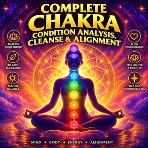 Op de afbeelding: Een digitale illustratie van een persoon in een meditatieve houding met zeven gloeiende chakrasymbolen verticaal uitgelijnd langs de ruggengraat. De tekst luidt COMPLETE CHAKRA CONDITION ANALYSIS, CLEANSE & ALIGNMENT, met iconen.