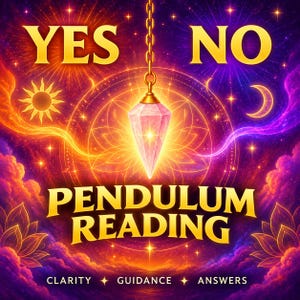 May include: A pink crystal pendulum hangs from a gold chain against a vibrant purple and orange background. The text YES and NO appear at the top, with PENDULUM READING in the center, and CLARITY, GUIDANCE, ANSWERS at the bottom with sun and moon icons.