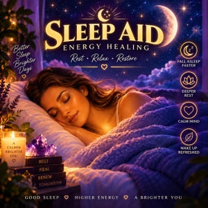Op de afbeelding: Een digitale afbeelding van een persoon die slaapt onder een paarse deken. De tekst luidt SLEEP AID ENERGY HEALING, Rest, Relax, Restore, Better Sleep Brighter Days, Fall Asleep Faster, Deeper Rest, Calm Mind, Wake Up Refreshed, Good Sleep, Higher Energy, A Brighter You.